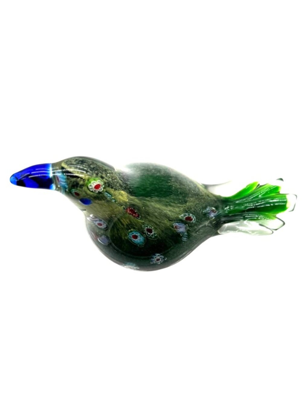 Handblown Green Millefiori Art Glass Bird Figurine Blue Beak Tail  5.5 L X 4" H - Picture 6 of 6